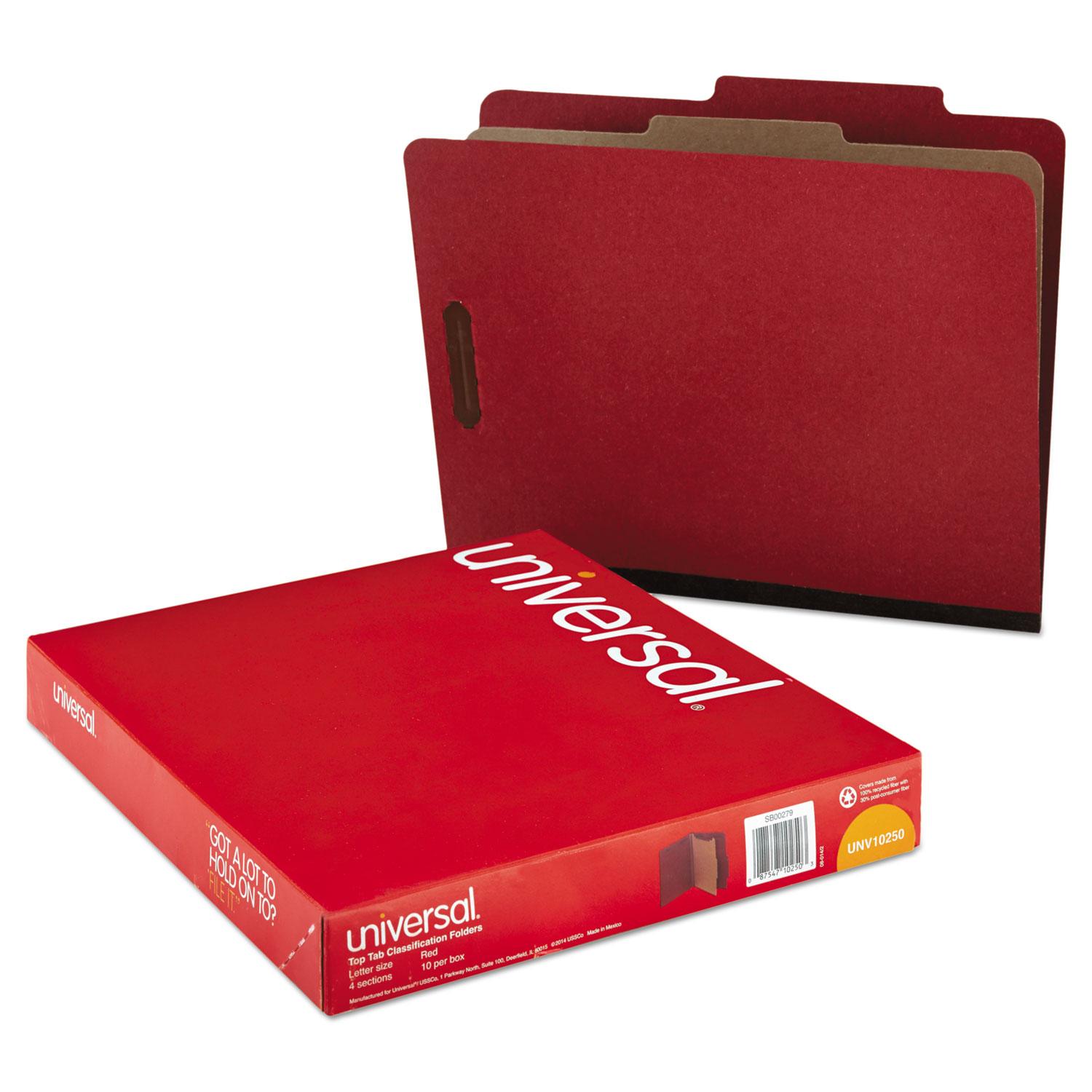 Universal® Pressboard Classification Folder, Letter, Four-Section, Red, 10/Box