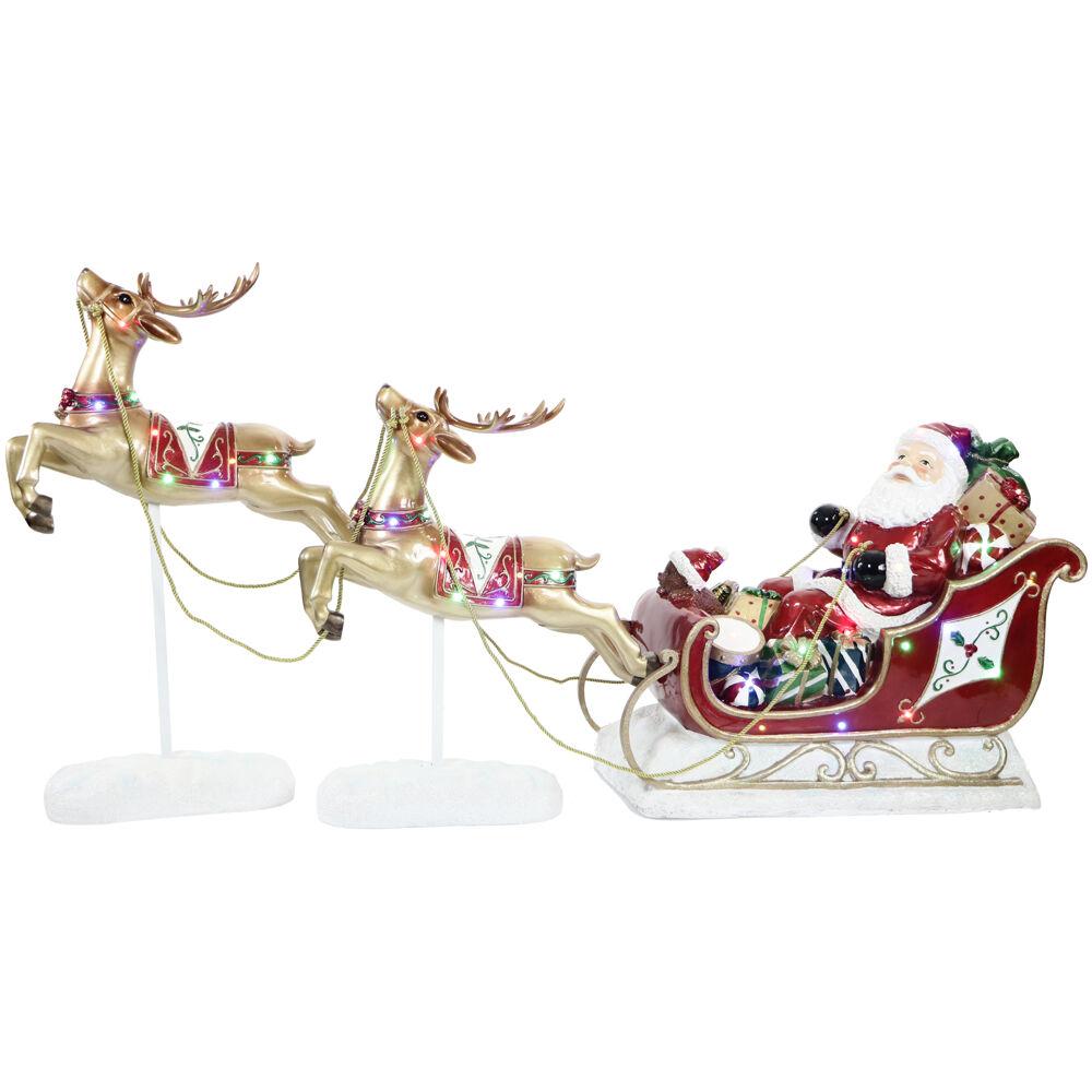 Indoor/Outdoor Oversized Christmas Decor with Long-Lasting LED Lights, Santa Sleigh and Flying Reindeer 3-Piece Set
