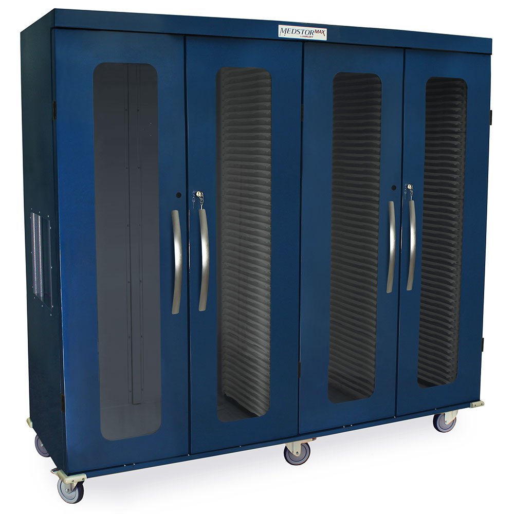 Quad Column Storage Cabinet with Double Wide Open Left Column, Glass Doors, Key Lock