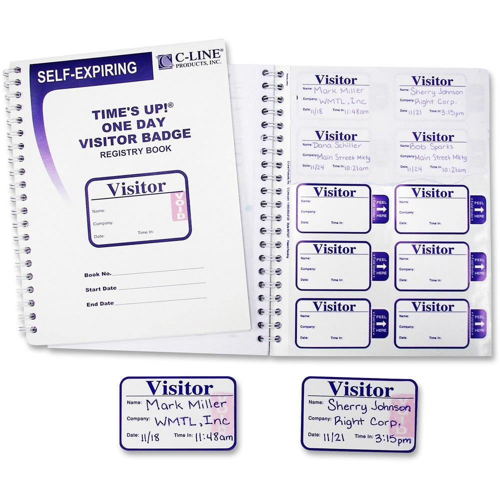 C-Line® Time's Up Self-Expiring Visitor Badges w/Registry Log, 3 x 2 ...