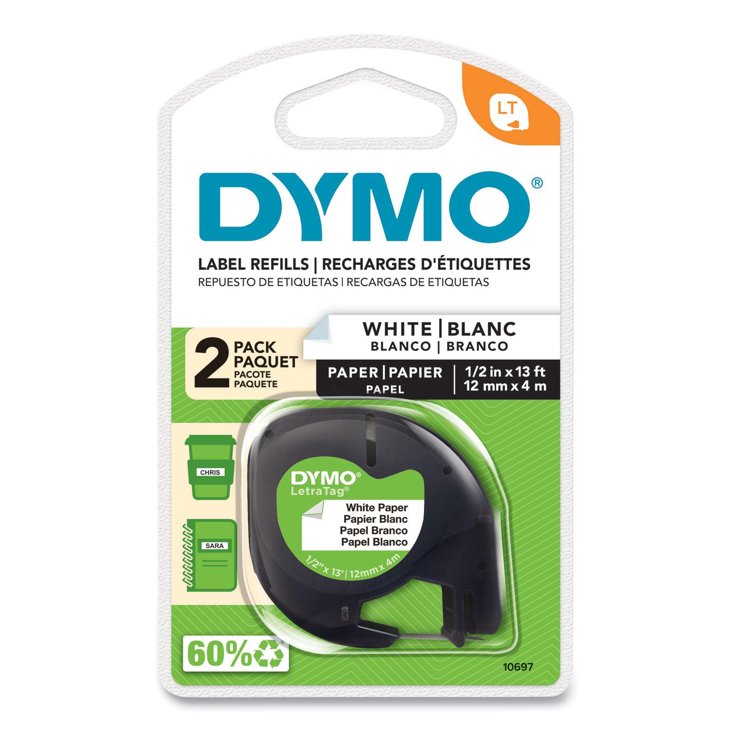 DYMO® LetraTag Paper Label Tape Cassettes, 1/2i x 13ft, White, 2/Pack