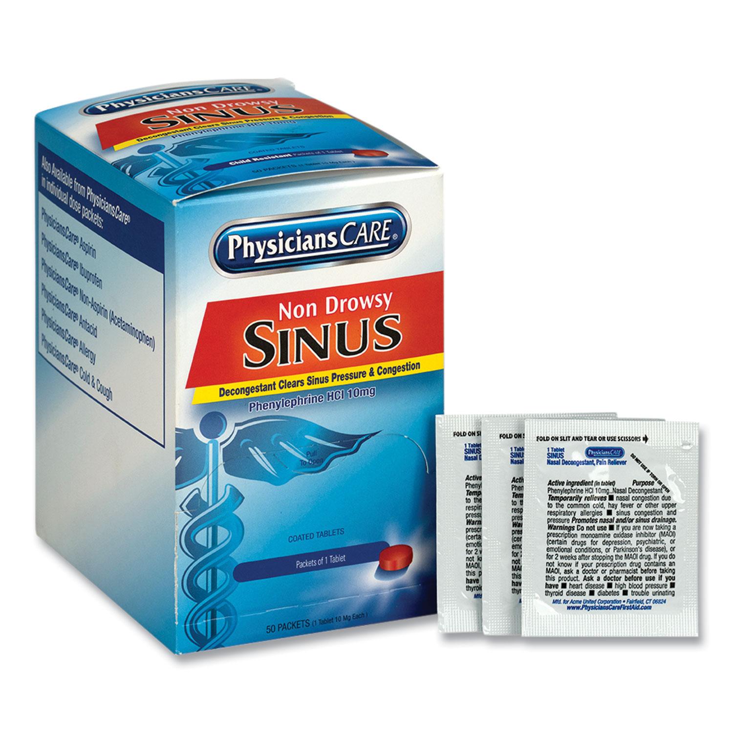 PhysiciansCare® Sinus Decongestant Congestion Medication, 10 mg, One Tablet/Pack, 50 Packs/Box
