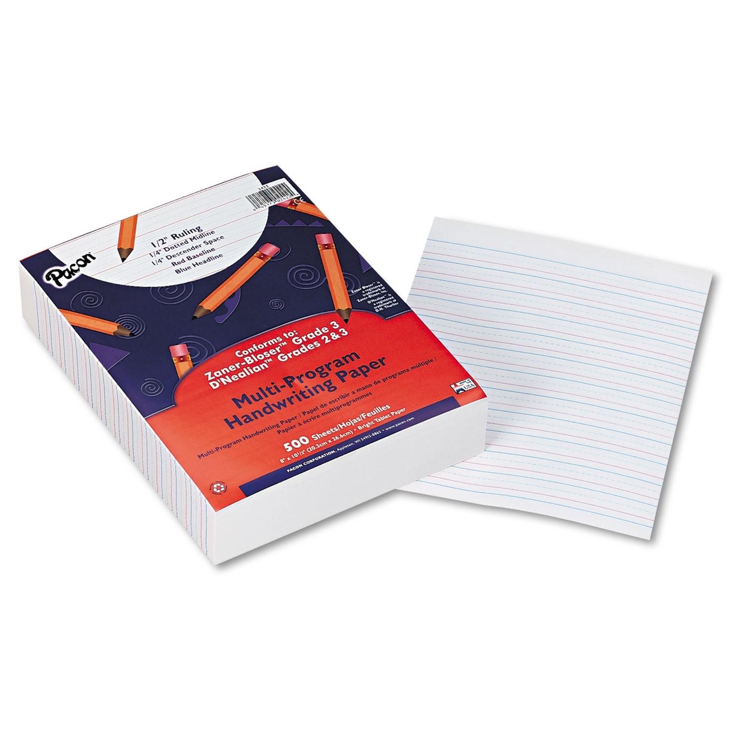 Pacon® Multi-Program Handwriting Paper, 1/2" Short Rule, 10-1/2 x 8, White, 500 Shts/Pk