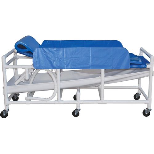 Shower gurney - three position elevating headrest - solid vinyl material drain pan/hose