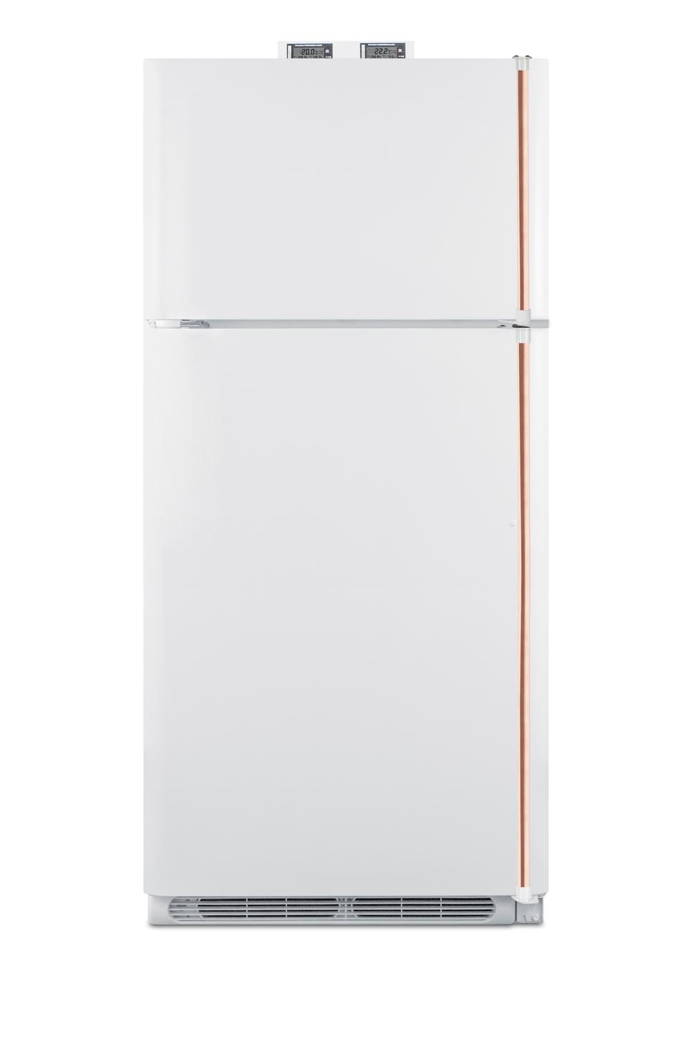 Summit 18 Cu. Ft. Breakroom Refrigerator-Freezer - Pure Copper Handles, NIST-Calibrated Alarm and Thermometers, Left-Hinge Door Swing, White Finish