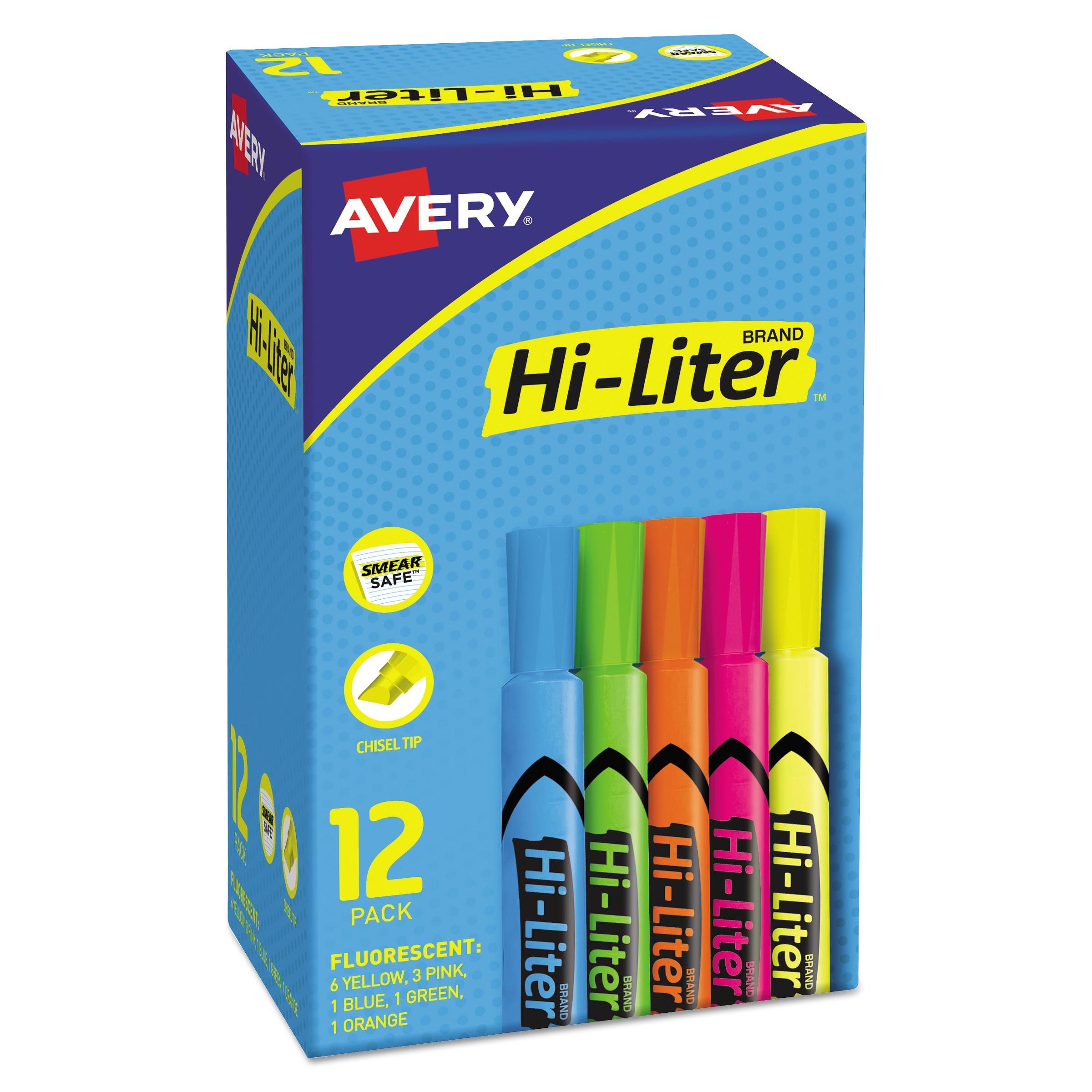 Avery® HI-LITER Desk-Style Highlighter, Chisel Tip, Assorted Colors, 12/Set