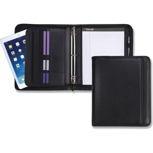 Professional Zippered Pad Holder/Ring Binder, Pockets, Writing Pad, Vinyl  Black (H5206)