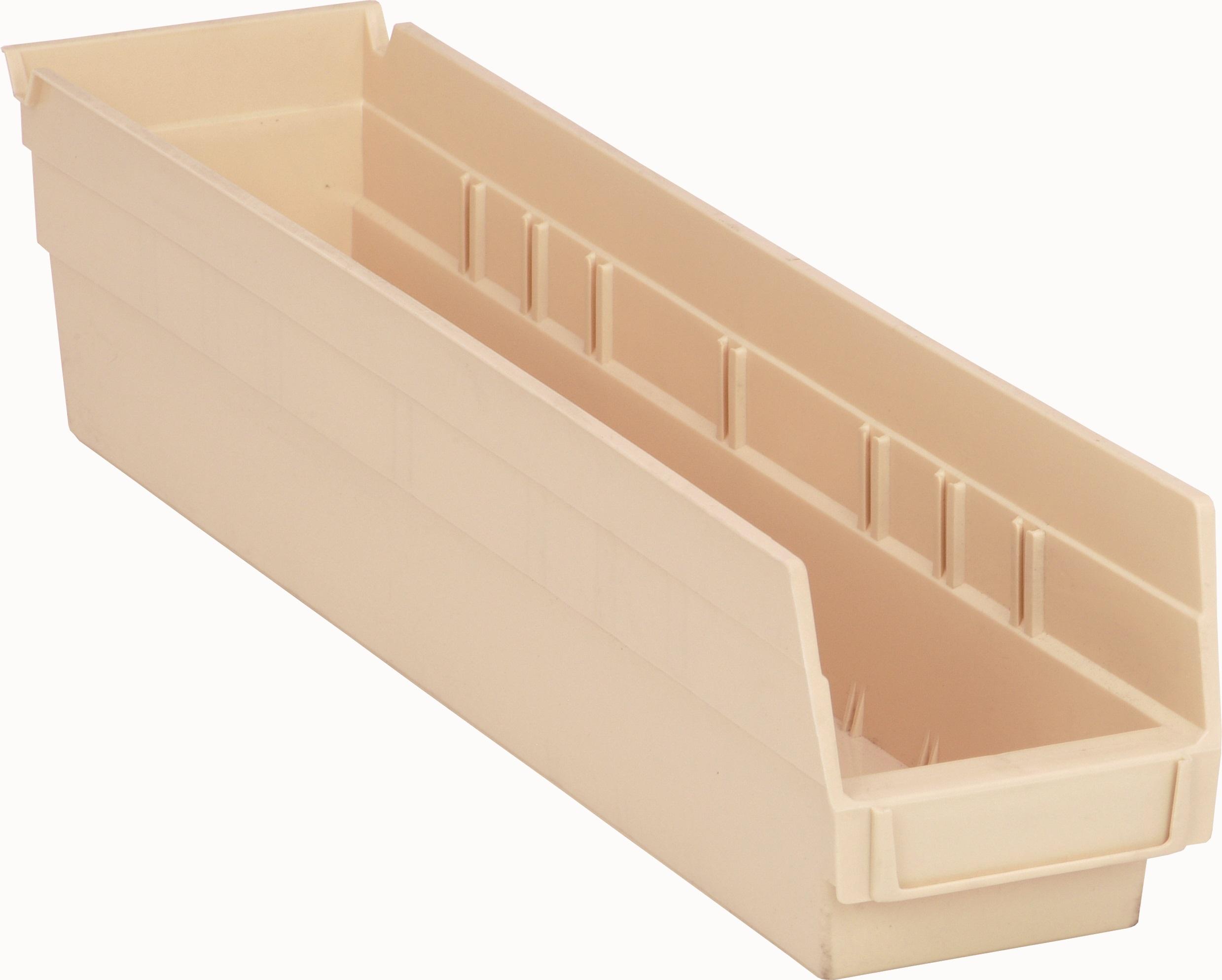 Economy Shelf Bin, Nesting, 17-7/8"W x 4-1/8"D x 4"H, Includes (7) divider slots, Rear hanglock, Molded-in label holder, Bin Color Ivory, Made in USA, Case of 20