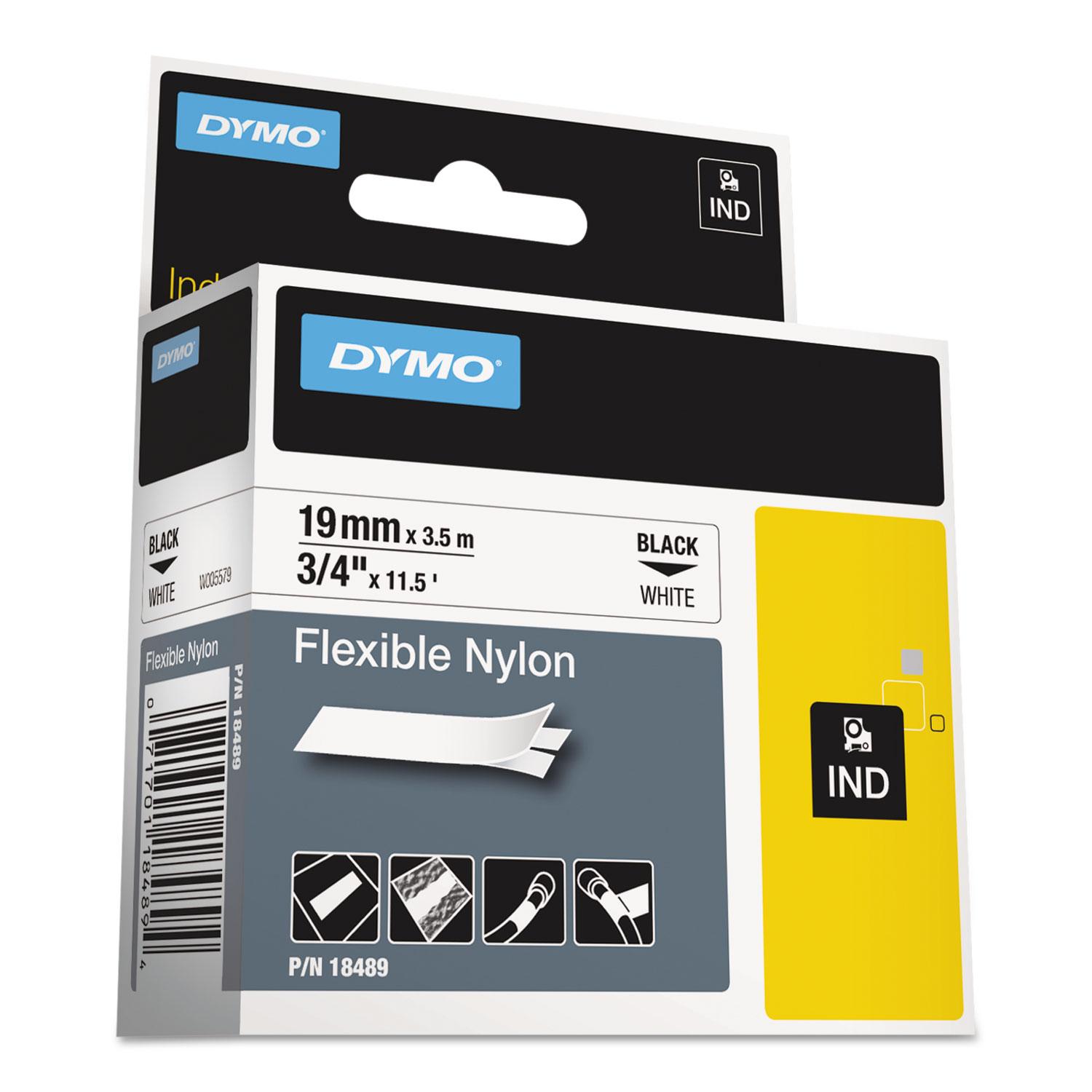 DYMO® Rhino Flexible Nylon Industrial Label Tape, 3/4" x 11 1/2 ft, White/Black Print