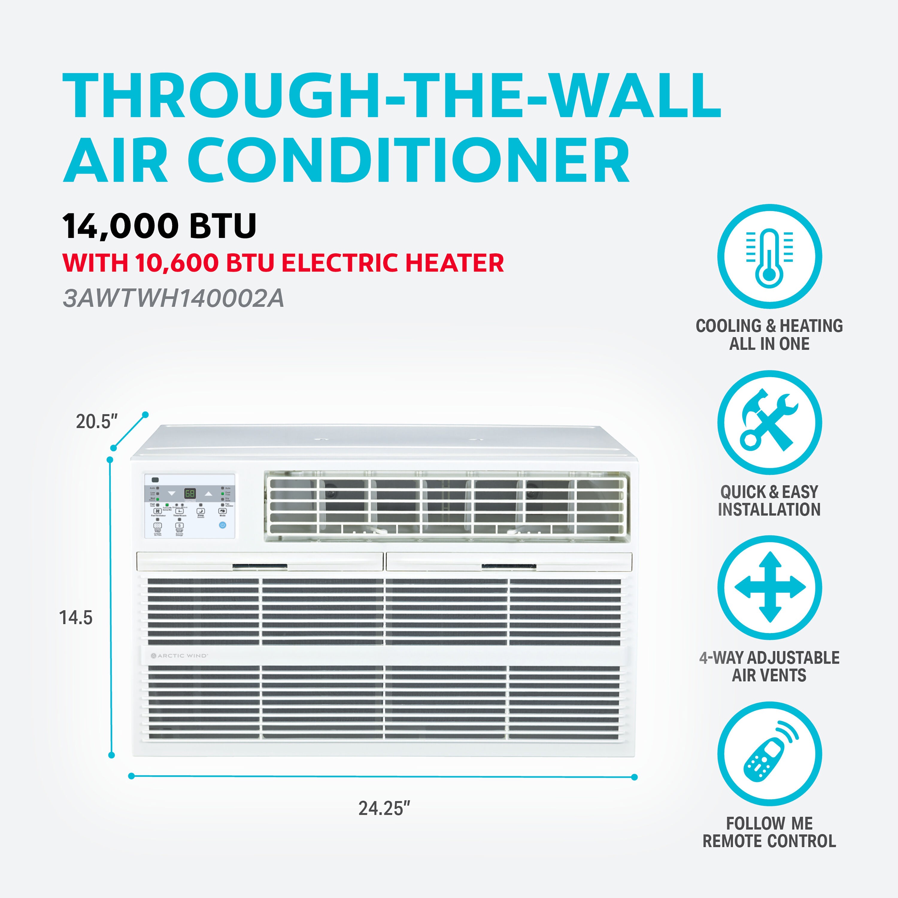 Arctic Wind 14,000 BTU 230V Through the Wall Air Conditioner with Supplemental Heat and Remote Control