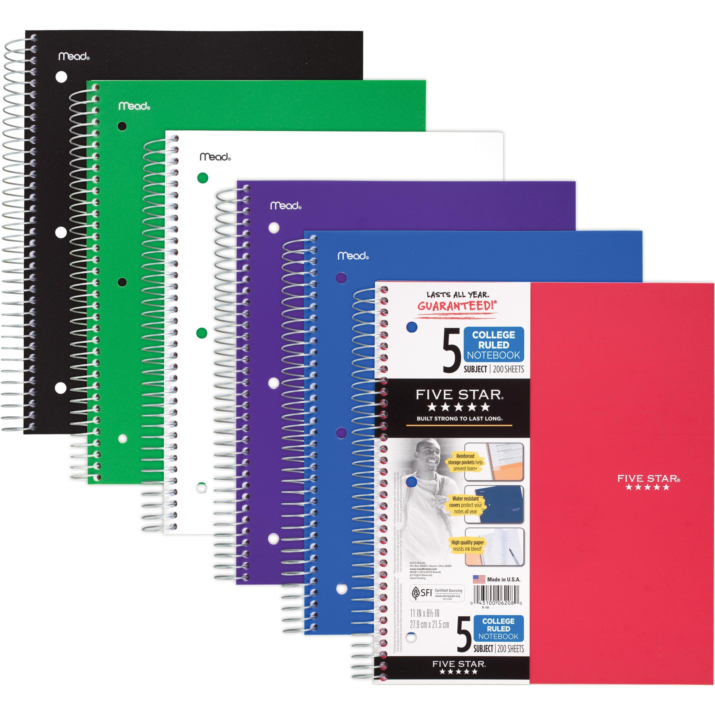 Notebook, 5-Subject/8-Pocket, 200 Shts, 11"x8-1/2", Assorted