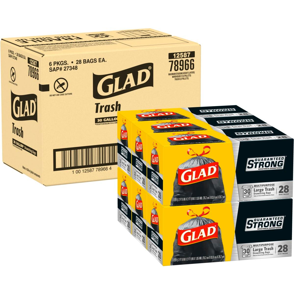 Glad® Glad Large Drawstring Trash Bags, 30 Gallon Black Trash Bag, 28 Count, Pack of 6 (78966)