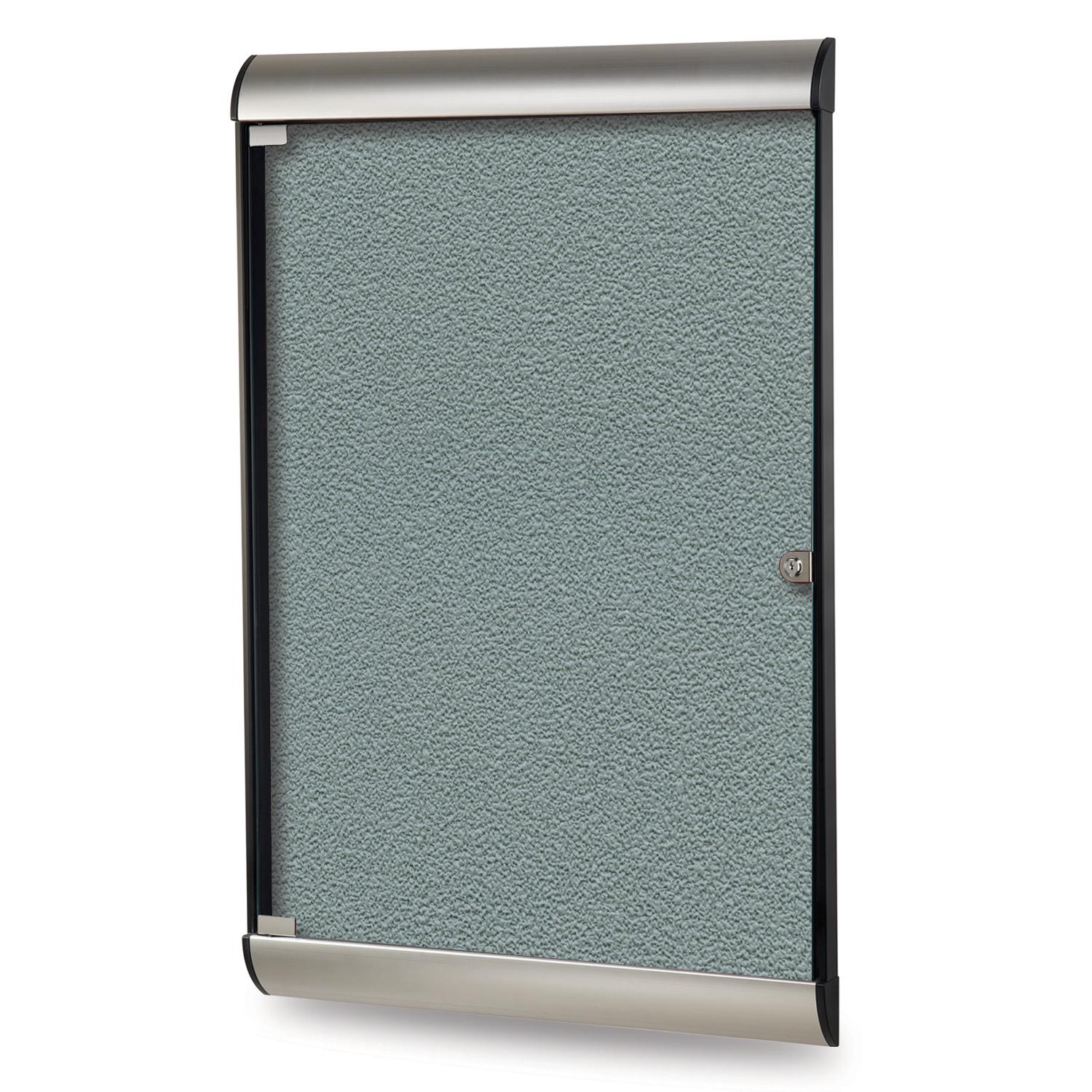 42" x 28" 1-Door Silhouette Enclosed Bulletin Board, Satin & Black Frame with Vinyl Fabric - Stone