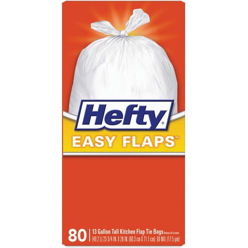 Hefty Easy Flaps Trash Bags, 13 gal, 0.8 mil, 23.75 x 28, White