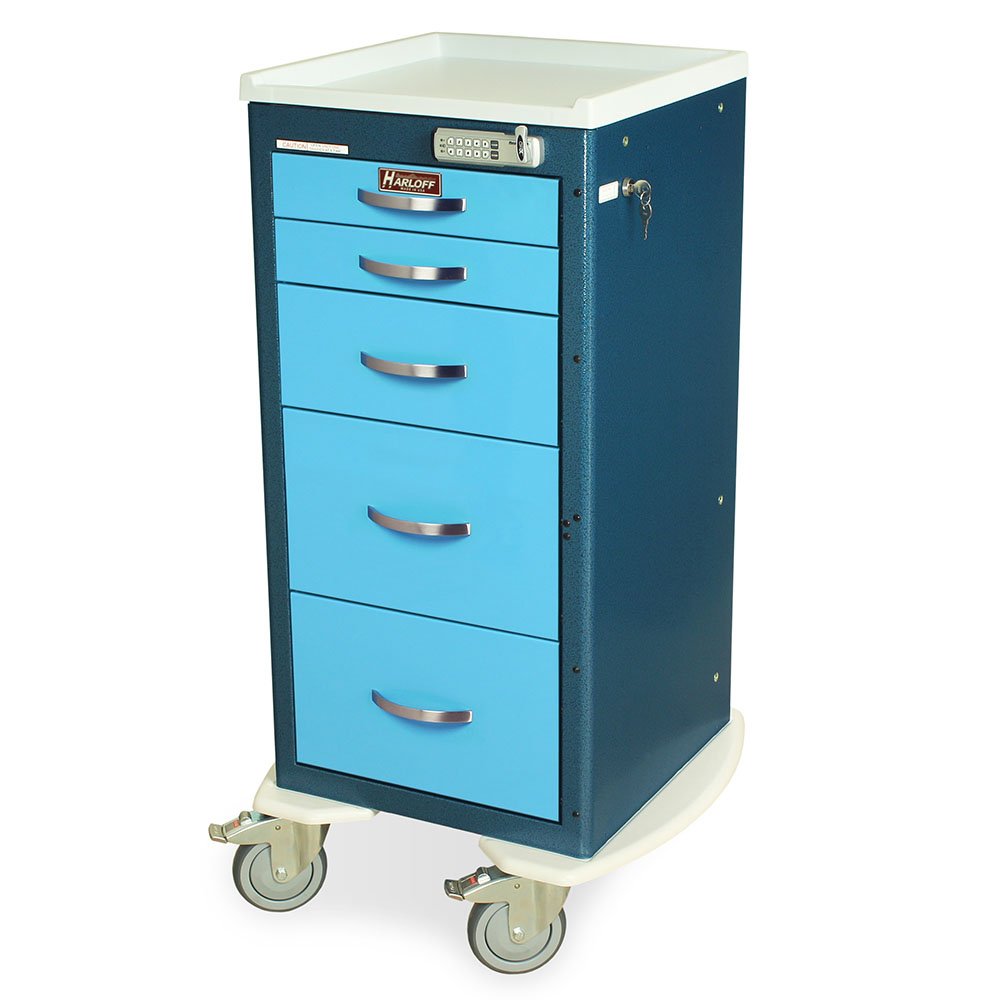 Navy M-Series Thin E-Lock Anesthesia Cart, Tall Height, Mini Width, Five Drawers