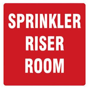 Sign, Sprinkler Riser Room, White Text on Red Plastic, 7ix7i