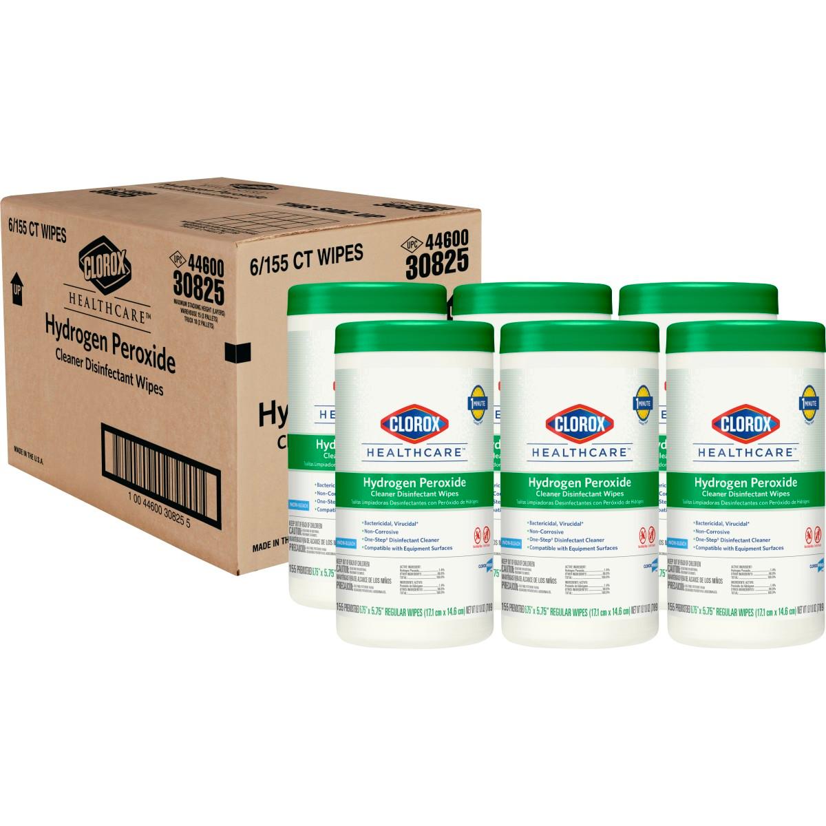 Clorox Healthcare Hydrogen Peroxide Cleaner Disinfectant Wipes, 155 Count Canister, Pack of 6 (30825)