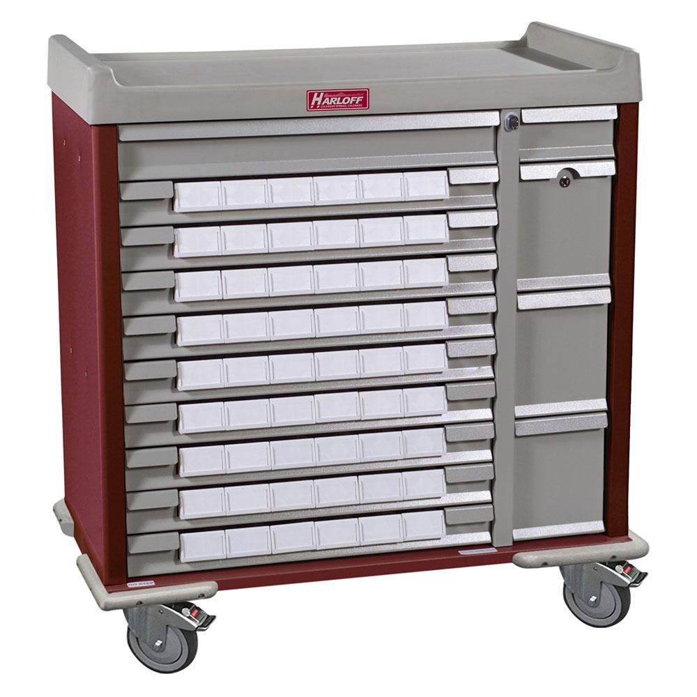 Burgundy Standard Line Med Bin Cart with 54 - 3.5 inch Bins, Key Locking