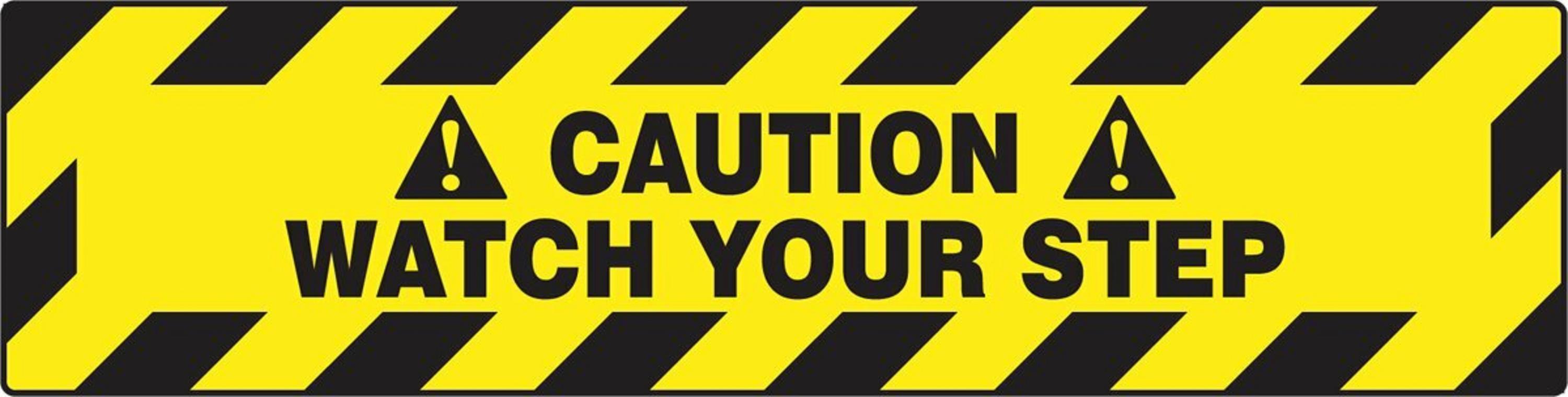 Slip-Gard Floor Sign:  !Caution! Watch Your Step, Black Text, Black/Yellow Striped Border On Yellow