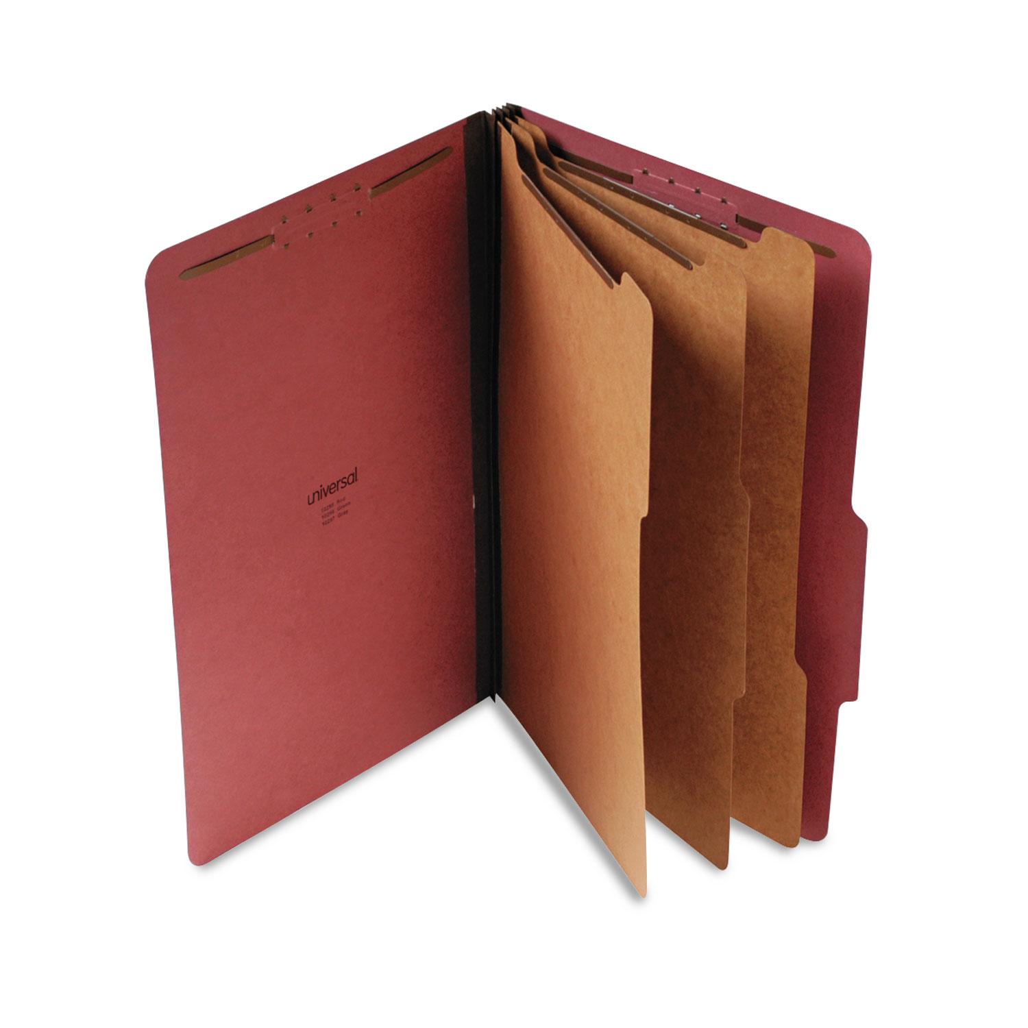 Universal® Pressboard Classification Folder, Legal, Eight-Section, Red, 10/Box