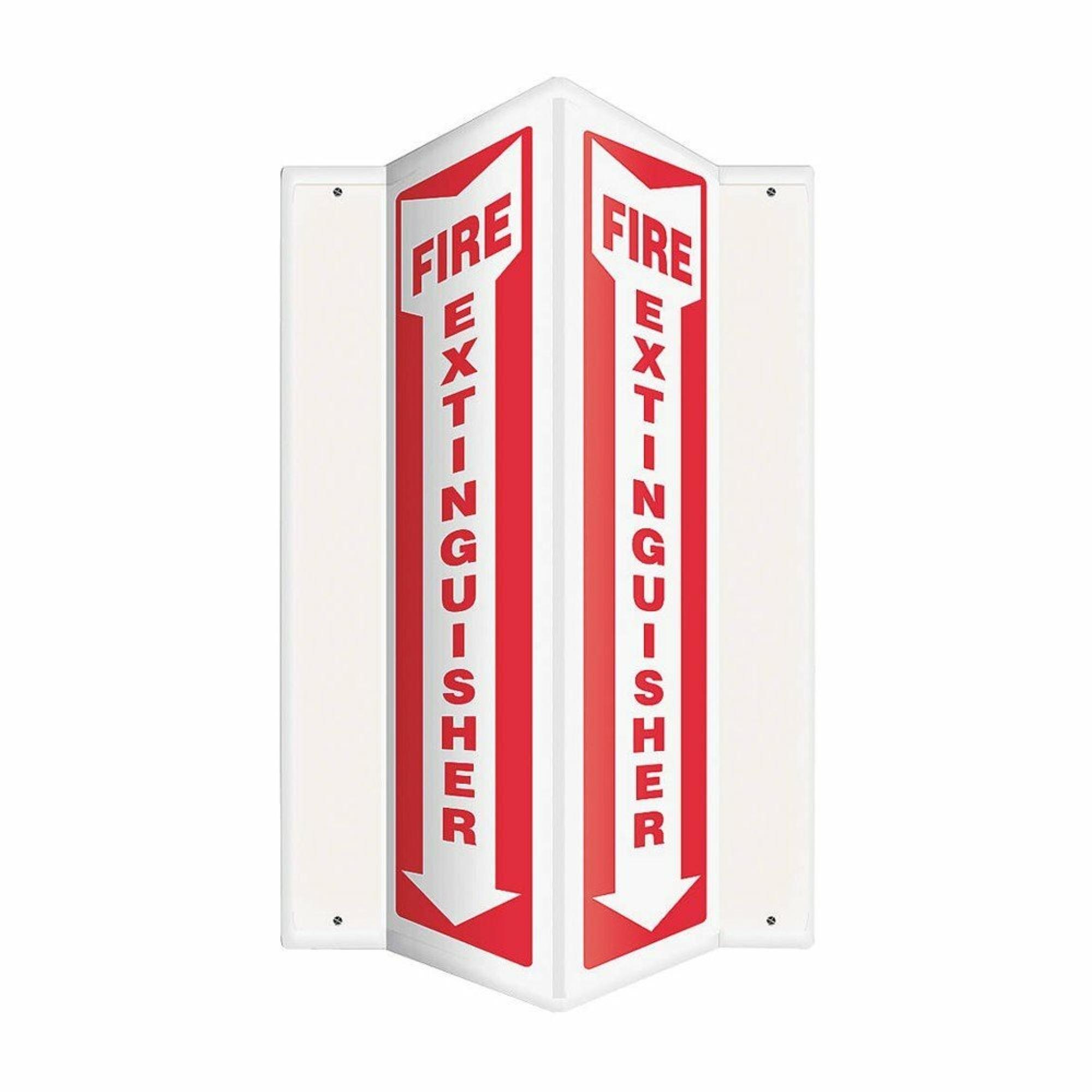 Projection Sign, 3D V-Shape Fire Extinguisher W/ Down Arrow, Red/White Plastic, 18In H X 4In W