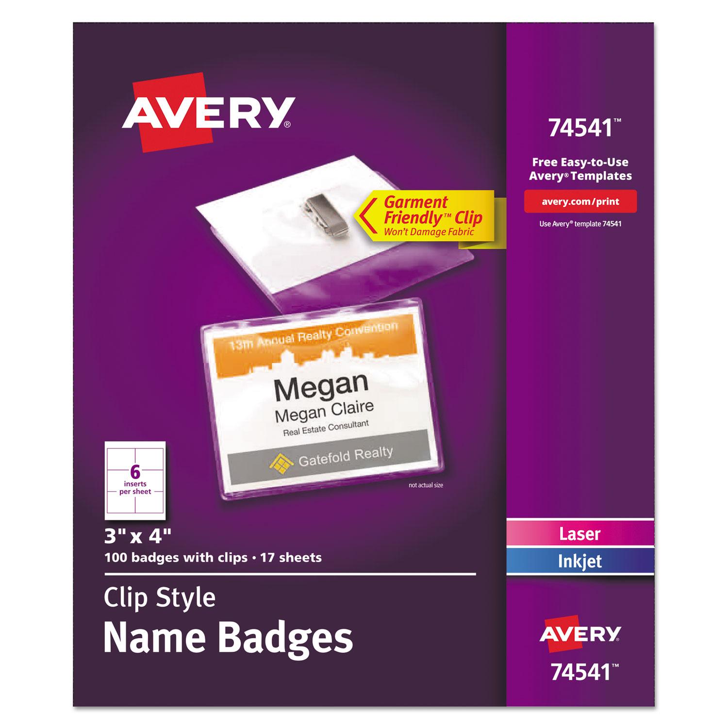 Avery® Clip-Style Name Badge Holders w/Inserts, Top Load, 3 x 4, White, 100/Box