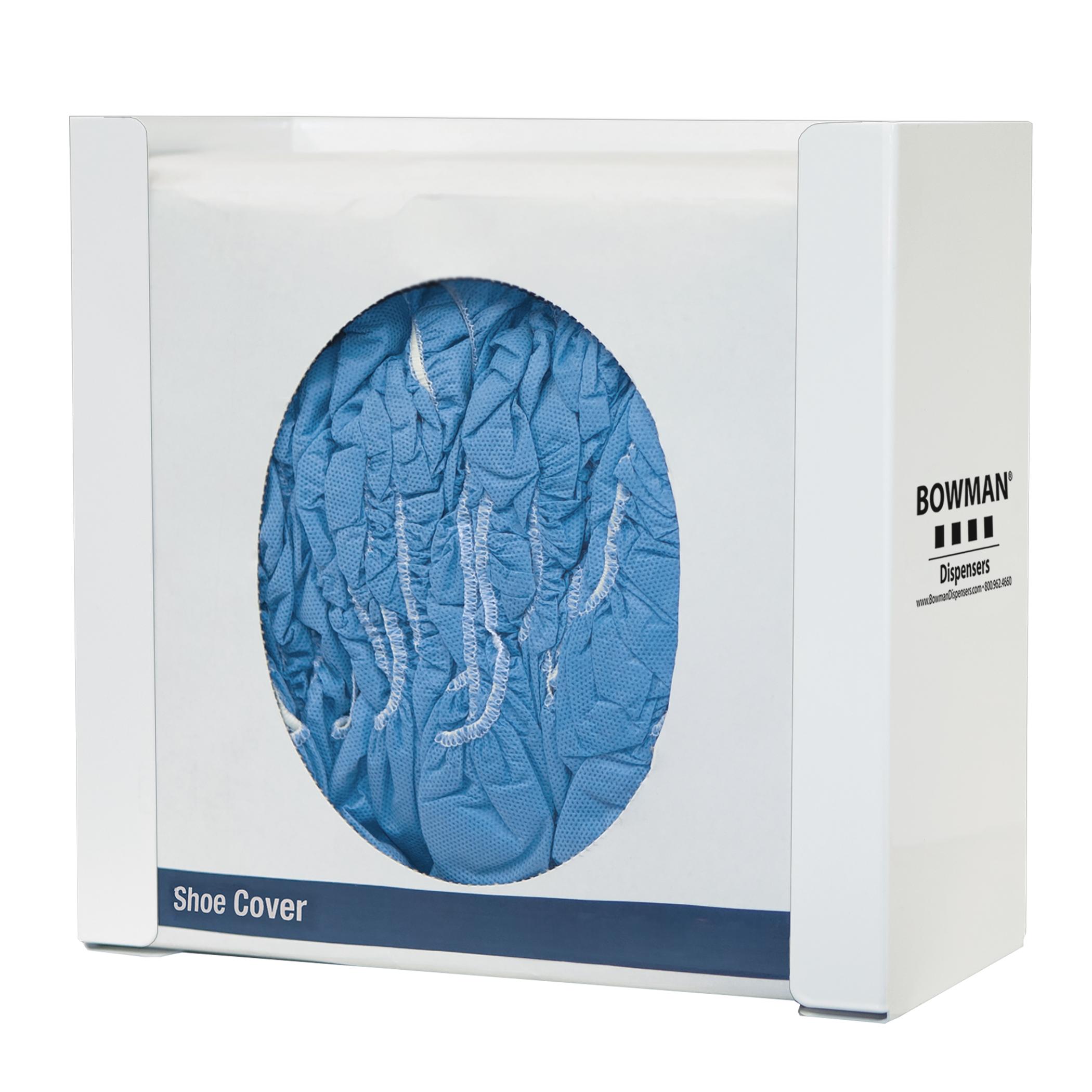 Bouffant Cap or Shoe Cover Dispenser Holds one box of bouffant caps or shoe covers Keyholes for wall mounting White Powder-Coated Steel Made in the USA