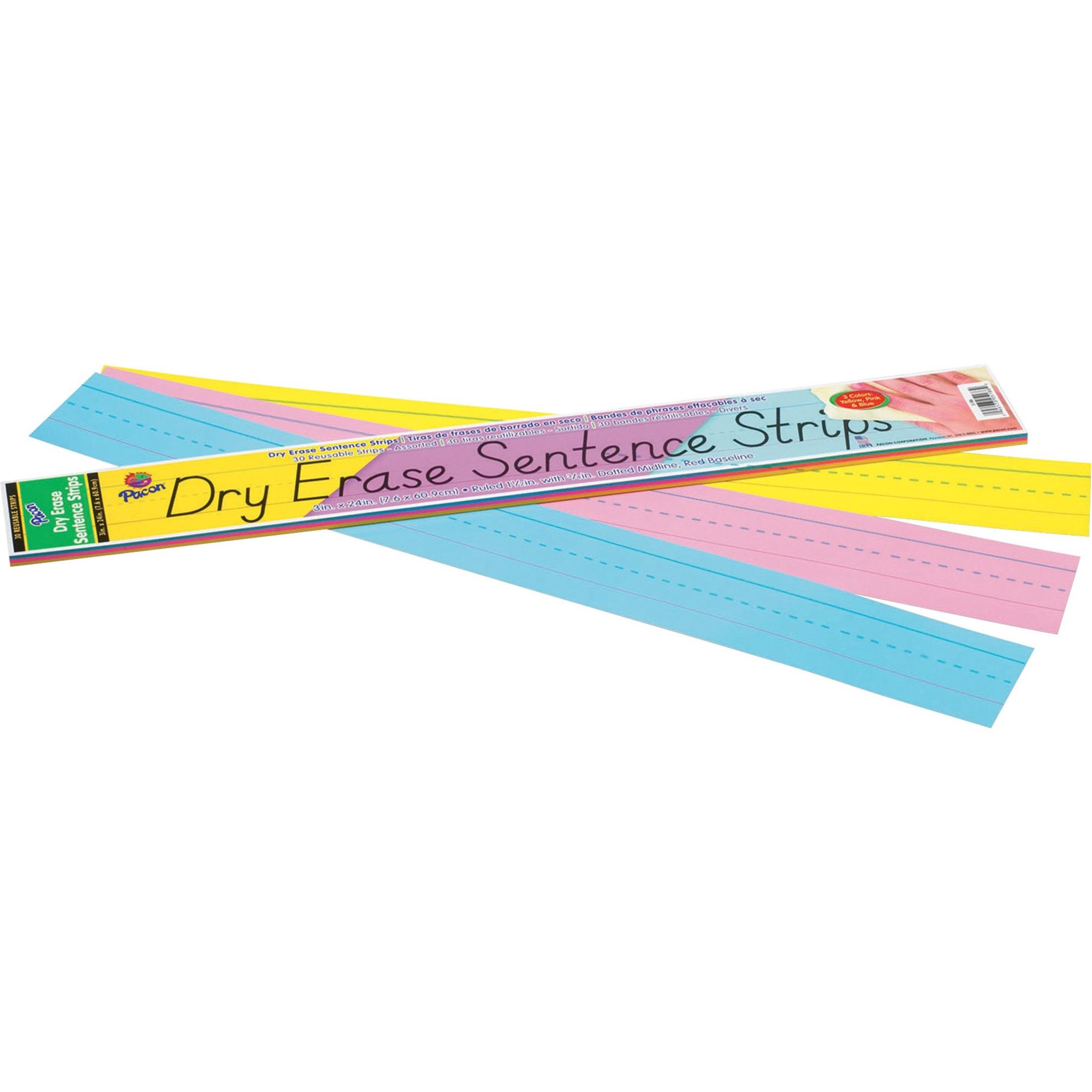 Dry Erase Sentence Strips, 3" x 24", 30/PK, Assorted