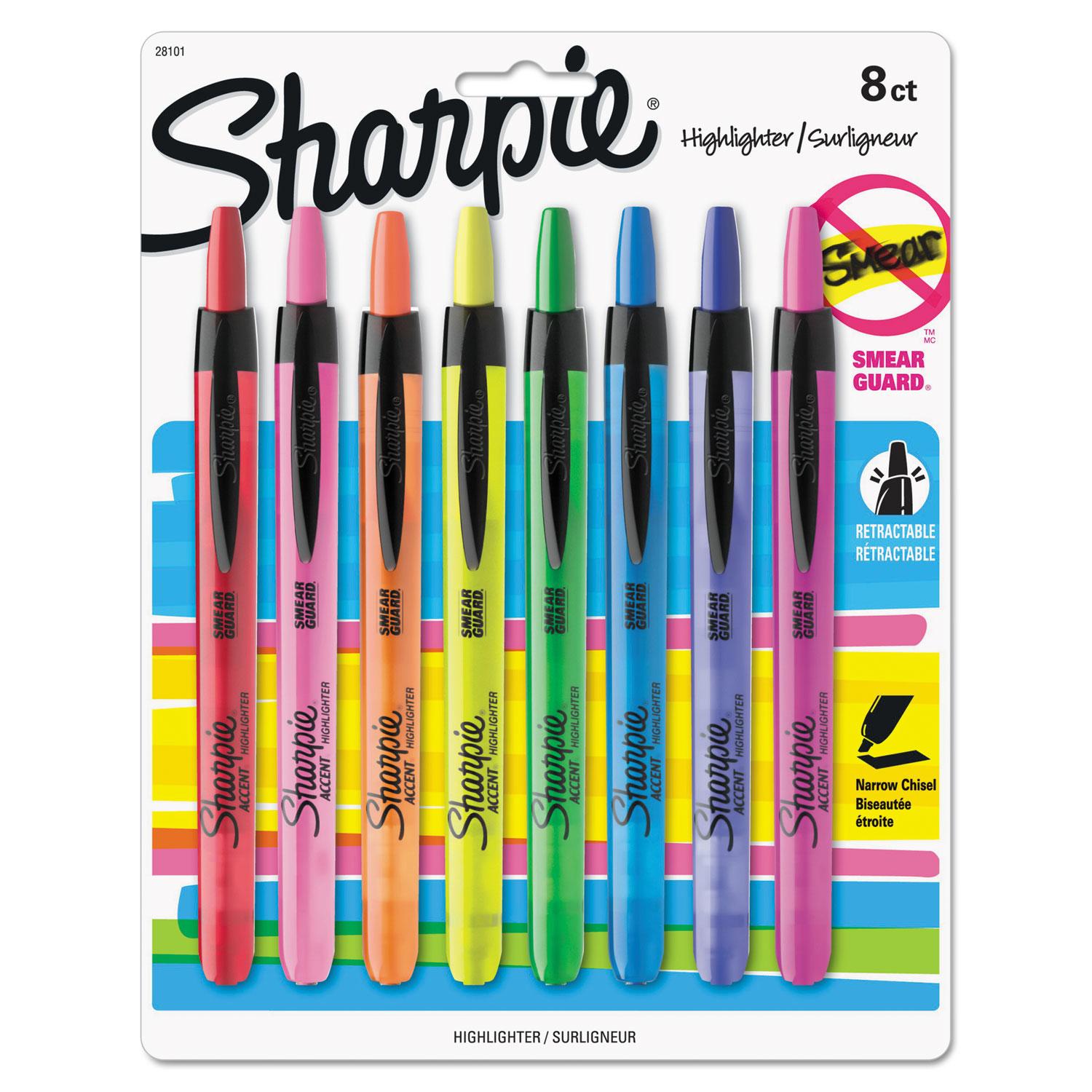 Sharpie® Accent Retractable Highlighters, Chisel Tip, Assorted Colors, 8/Set