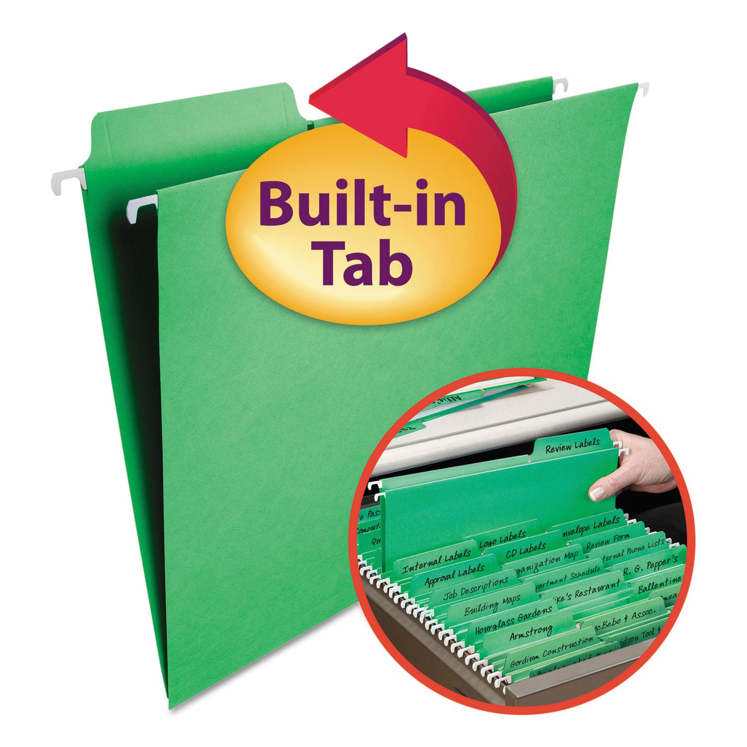 Smead FasTab Hanging File Folders, 1/3-Cut Tab, Letter, Green, 20/Box