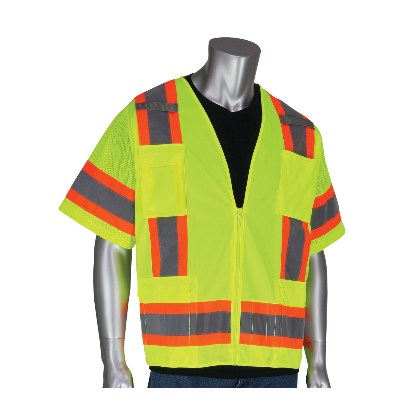 PIP® 303-0500-LY/2X 2-Tone Surveyor Safety Vest, 2XL, Hi-Viz Lime Yellow, Polyester Mesh/Solid Tricot, Zipper Closure, 11 Pockets, ANSI Class: Class 3, Specifications Met: ANSI 107 Type R