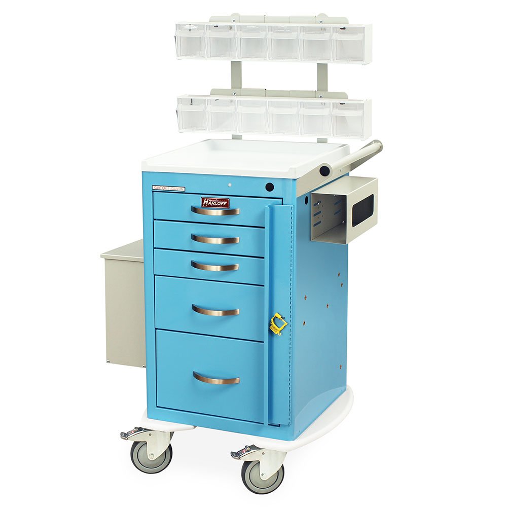 Light Blue M-Series Short Phlebotomy Cart on Wheels with MD18-PHB Accessory Package, Mini Width, Five Drawers, Breakaway Lock