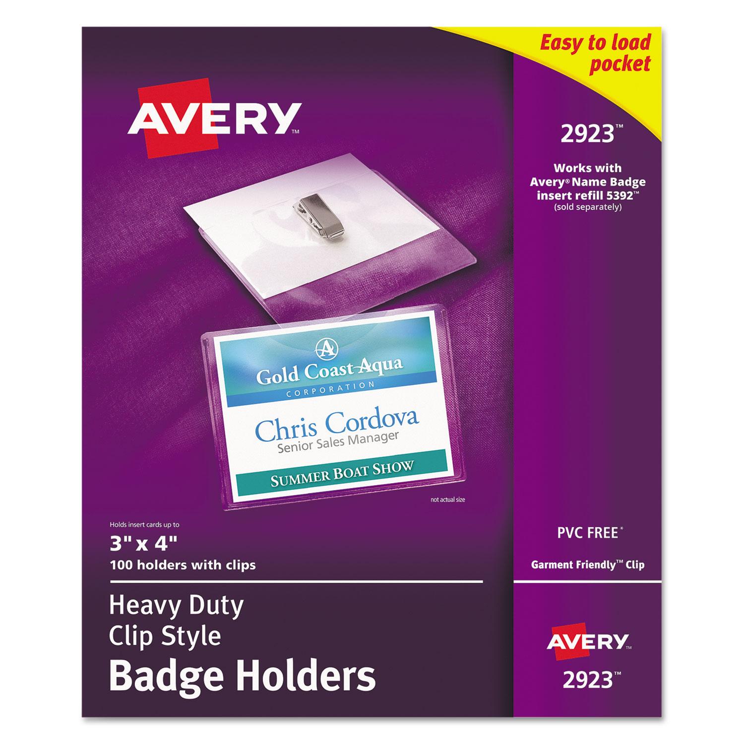 Avery® Secure Top Clip-Style Badge Holders, Horizontal, 4 x 3, Clear, 100/Box