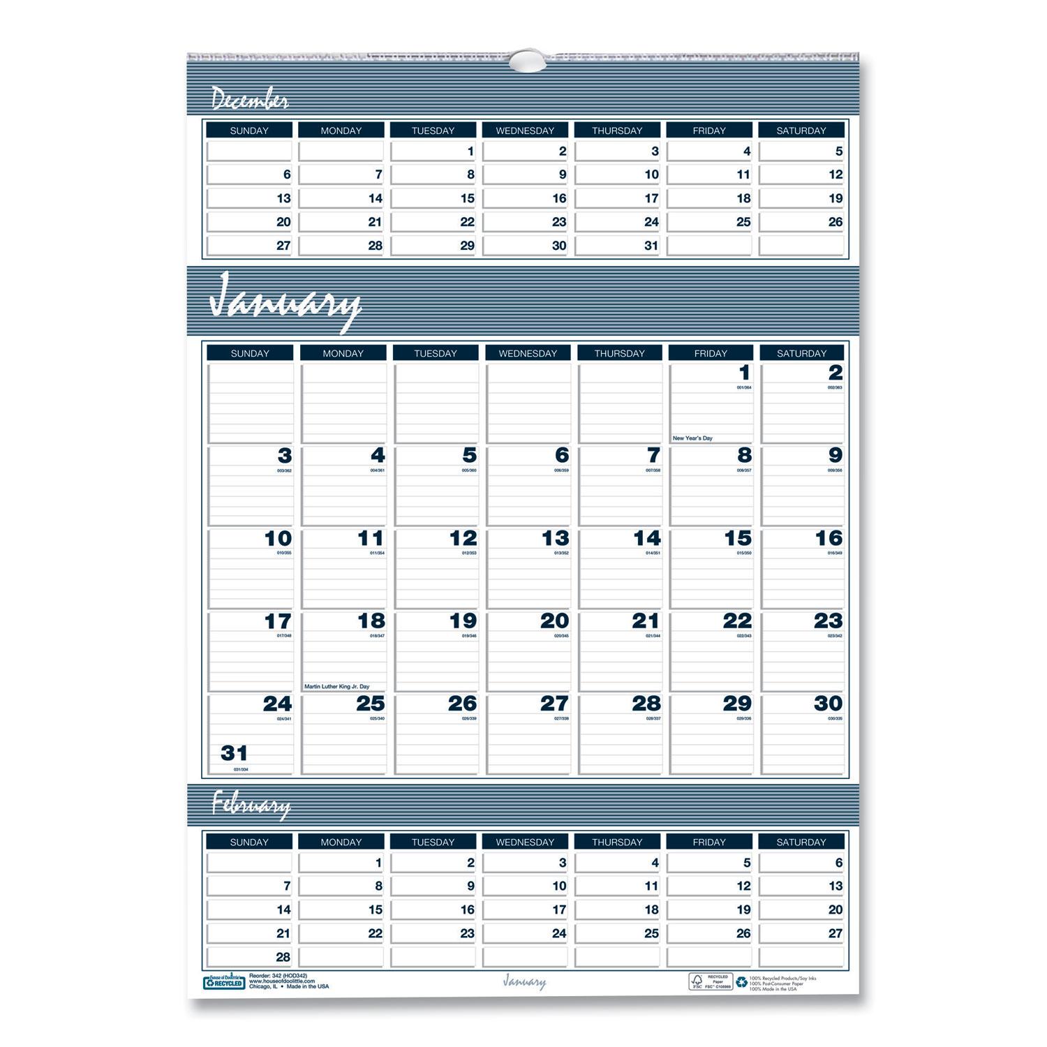 House of Doolittle™ Recycled Bar Harbor Three-Months-per-Page Wall Calendar, 12 x 17,