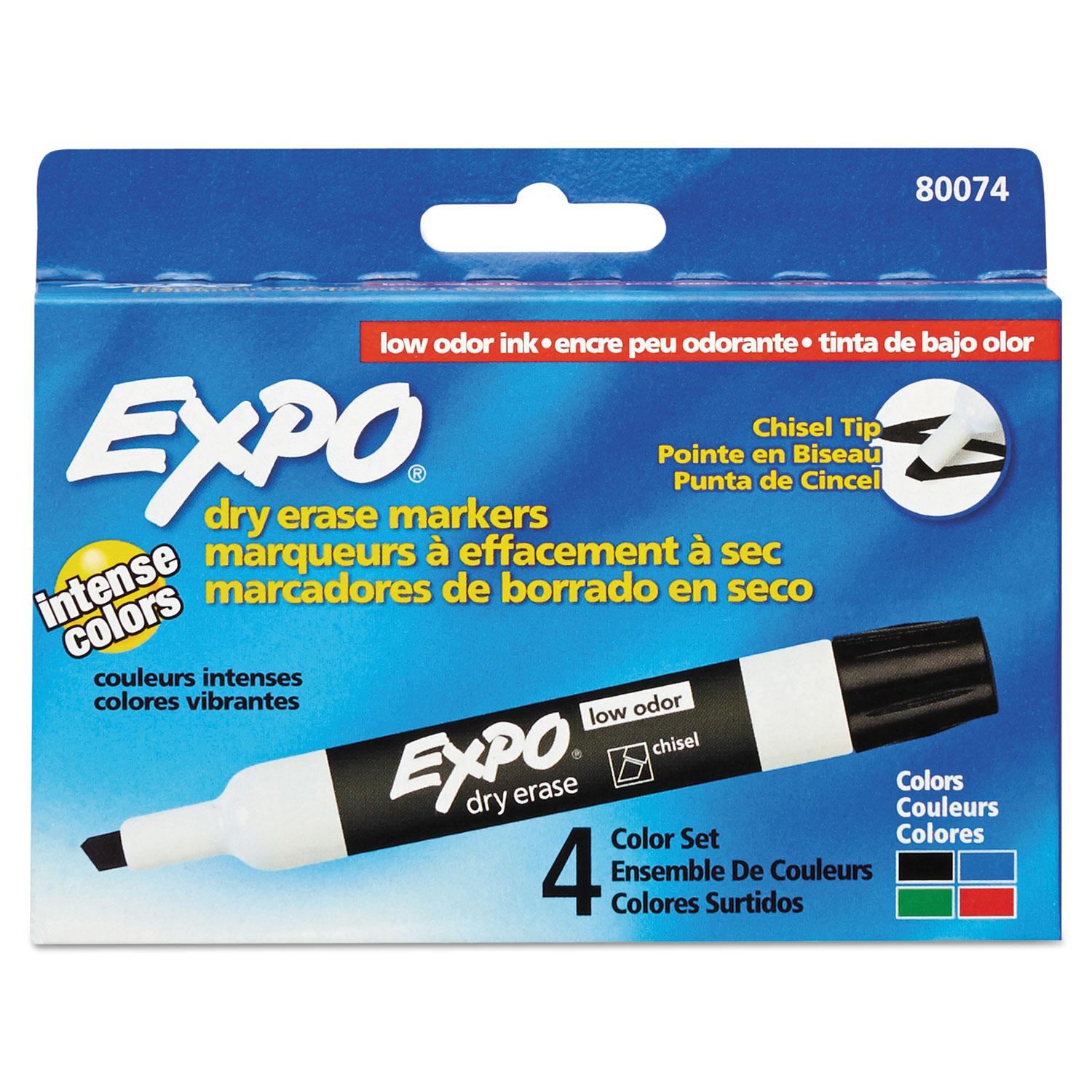 EXPO® Low Odor Dry Erase Marker, Chisel Tip, Basic Assorted, 4/Set