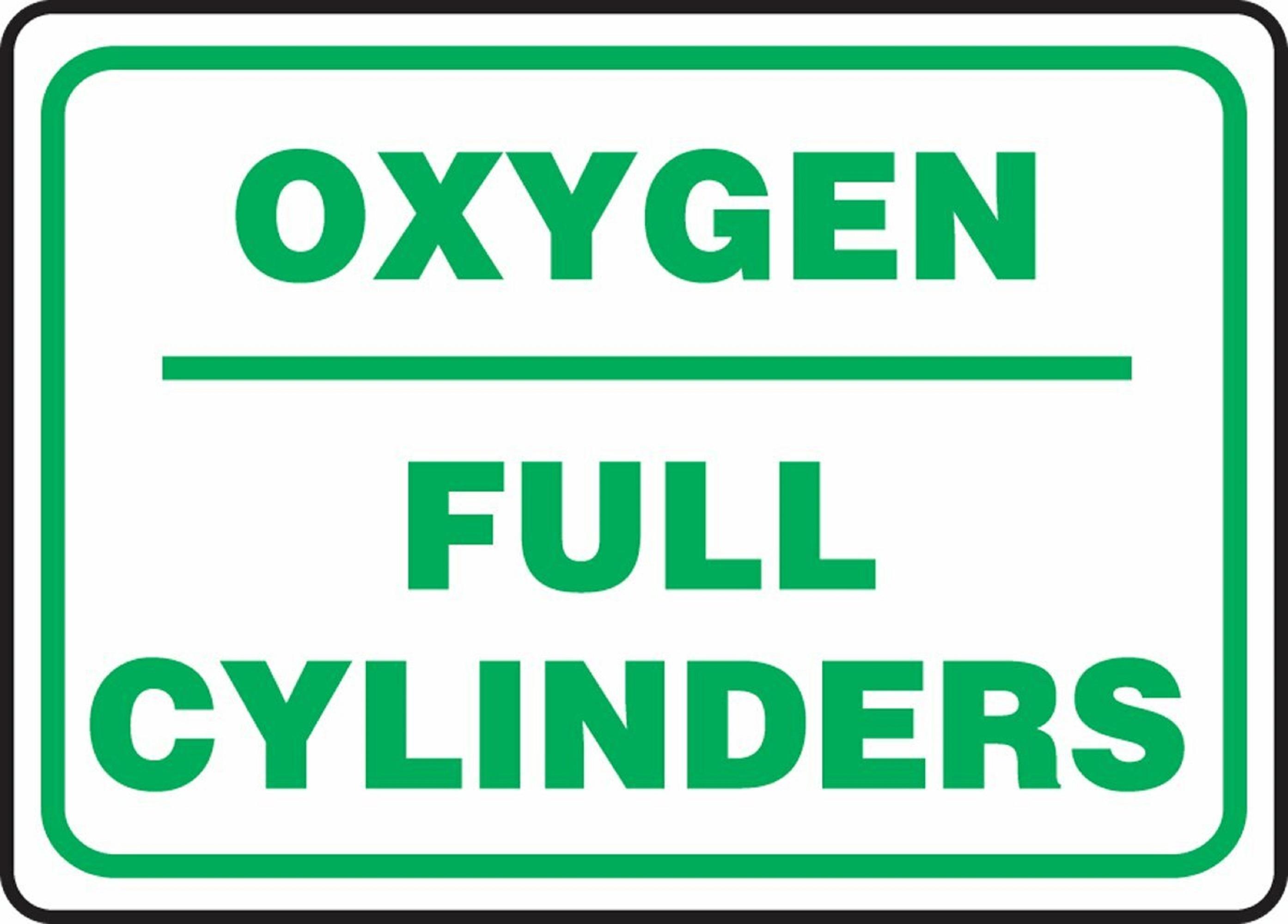 Safety Sign, Oxygen Full Cylinders, Green Text/Border on White Plastic, Rounded Corners, 4 Corner Holes, 10in H x 14in W