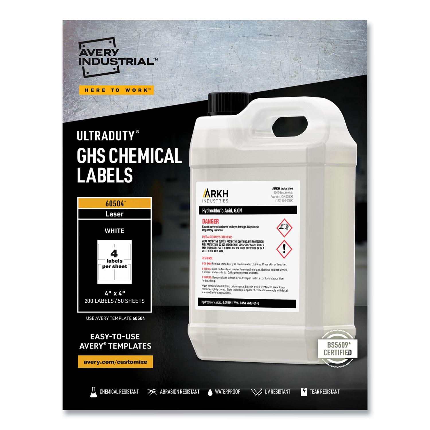 Avery® GHS Chemical Waterproof & UV Resistent Labels, Laser, 4 x 4, 200/Box