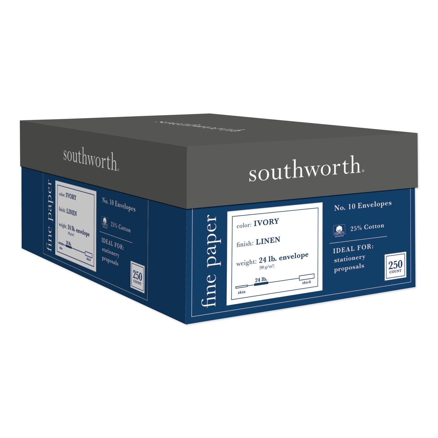 Southworth® 25% Cotton #10 Envelope, 4 1/8 x 9 1/2, Ivory, 24lb, Linen, 250/Box