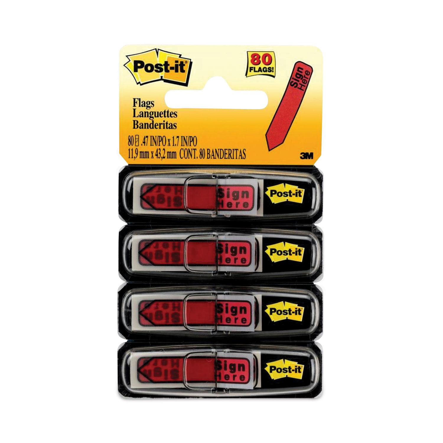 Post-it® Flags Arrow Message 1/2" Page Flags in Dispenser, "Sign Here", Red, 80/Pack