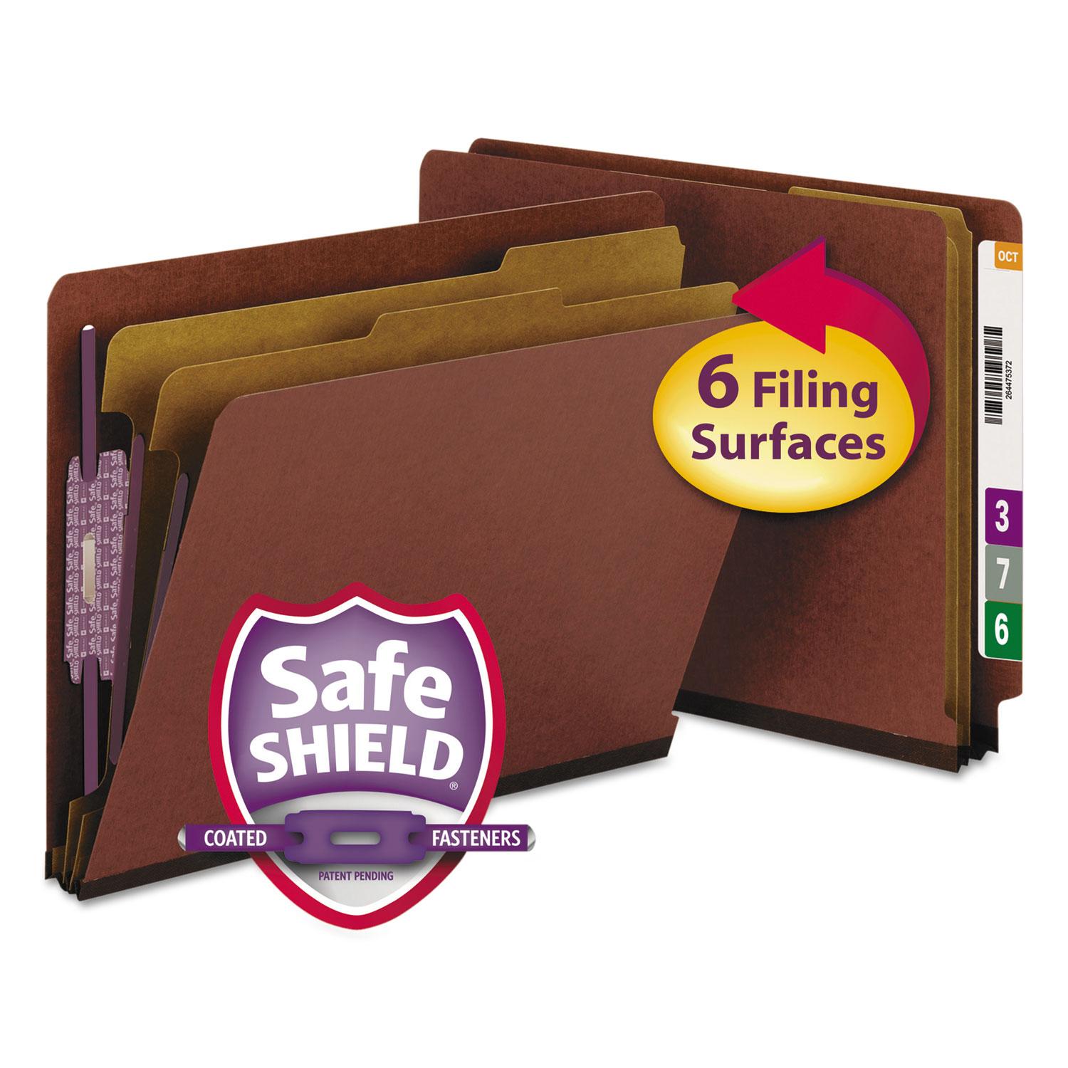 Smead Pressboard End Tab Classification Folder, Letter, Six-Section, Red, 10/Box