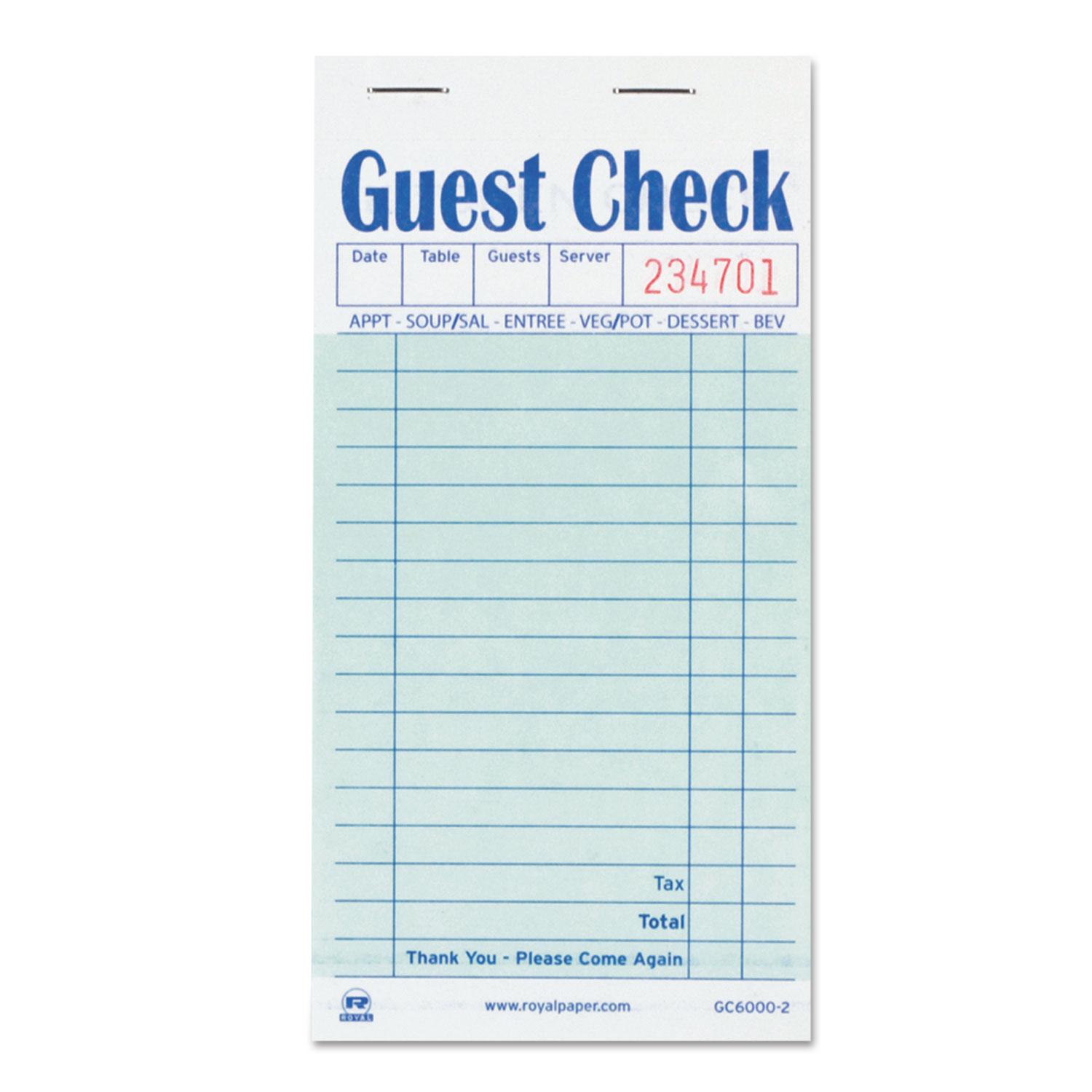 AmerCareRoyal® Guest Check Book, Carbon Duplicate, 3 1/2 x 6 7/10, 50/Book, 50 Books/Carton