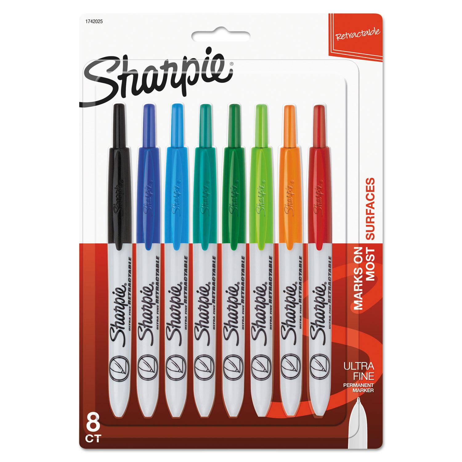 Sharpie® Retractable Permanent Marker, Ultra Fine Tip, Assorted Colors, 8/Set