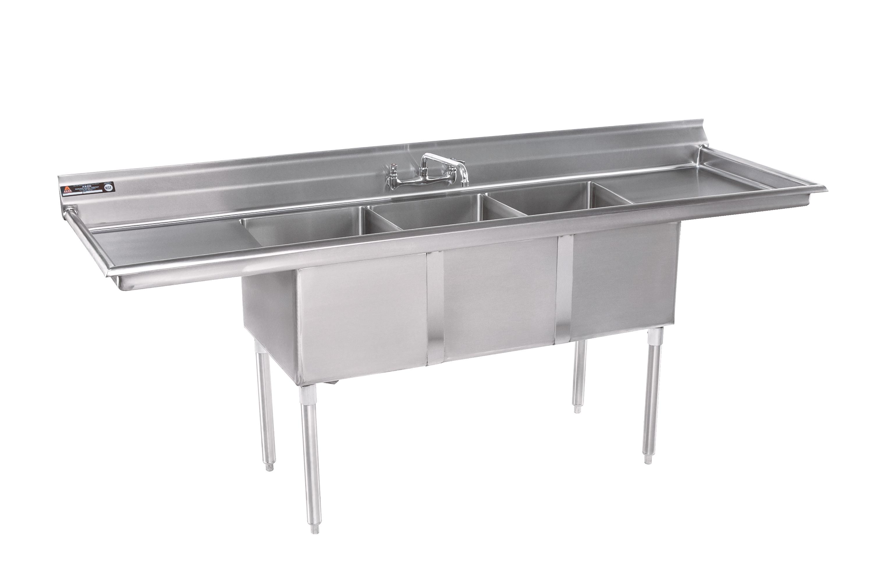 430 Stainless Steel Double Sink with Drainboard on Both Sides, 27"W x 71"L
