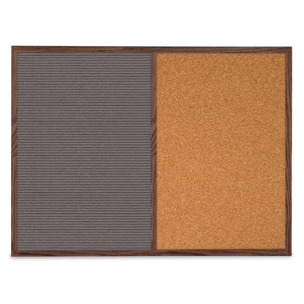 24" x 18" Walnut Wooden Open Faced Enclosed Combination Board with Grey Letterboard and Natural Cork Boards
