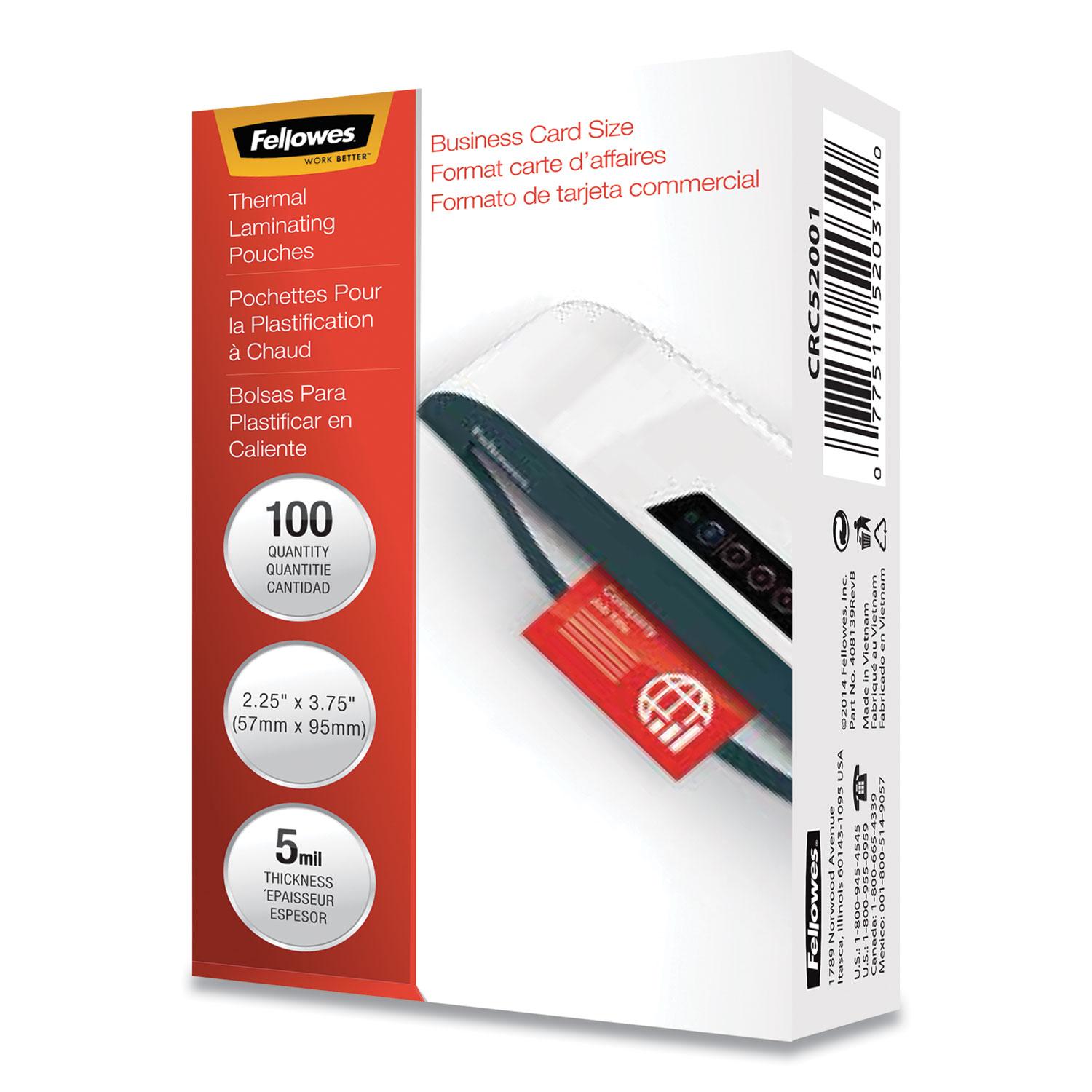 Fellowes® Laminating Pouches, 5mil, 2 1/4 x 3 3/4, Business Card, 100/Pack