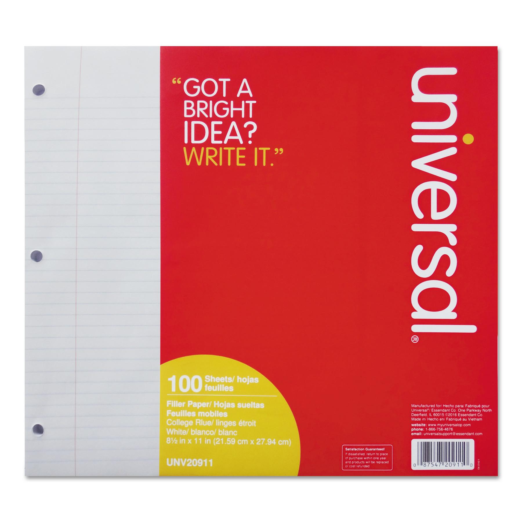 Universal® Filler Paper, 8 1/2 x 11, College Rule, White, 100 Sheets/Pack