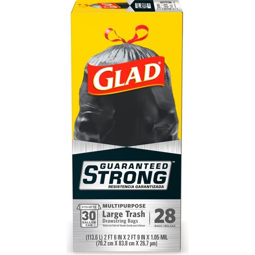 Glad Outdoor Trash Bags, 3-Ply, Drawstring Closure, 30 Gallon, 28