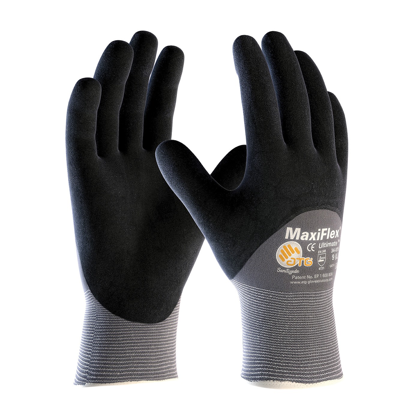 ATG® MaxiFlex® Ultimate™ 34-875/L Touchscreen General Purpose Work Gloves, Coated, Micro-Foam Grip/Seamless Knit Style, L, Nylon/Micro-Foam Nitrile Palm, Nylon, Black/Gray, Continuous Knit Wrist Cuff, Micro-Foam Nitrile Coating