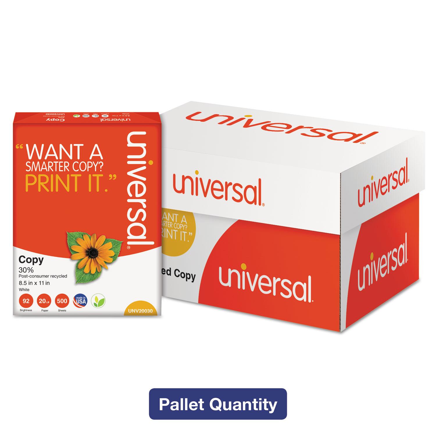 Universal® 30% Recycled Copy Paper, 92 Brightness,20lb,8 1/2x11, White, 5000/Ctn,40Ctn/Pllt