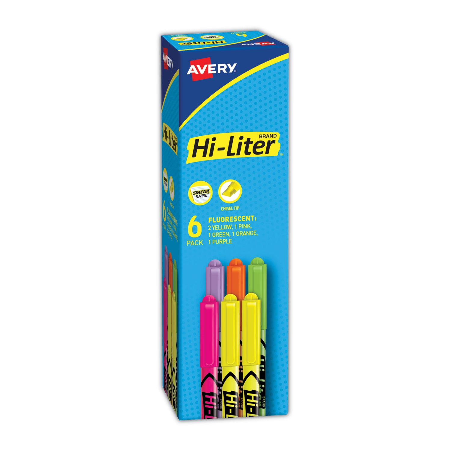 Avery® HI-LITER Pen-Style Highlighters, Chisel Tip, Assorted Fluorescent Colors, 6/Set